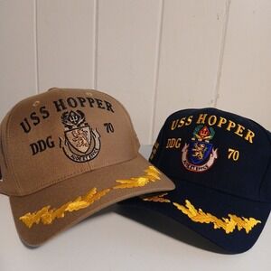 Lot Of 2 The Corps USS Hopper DDG 70 Logo Navy & Tan Baseball Cap Hat Adjustable
